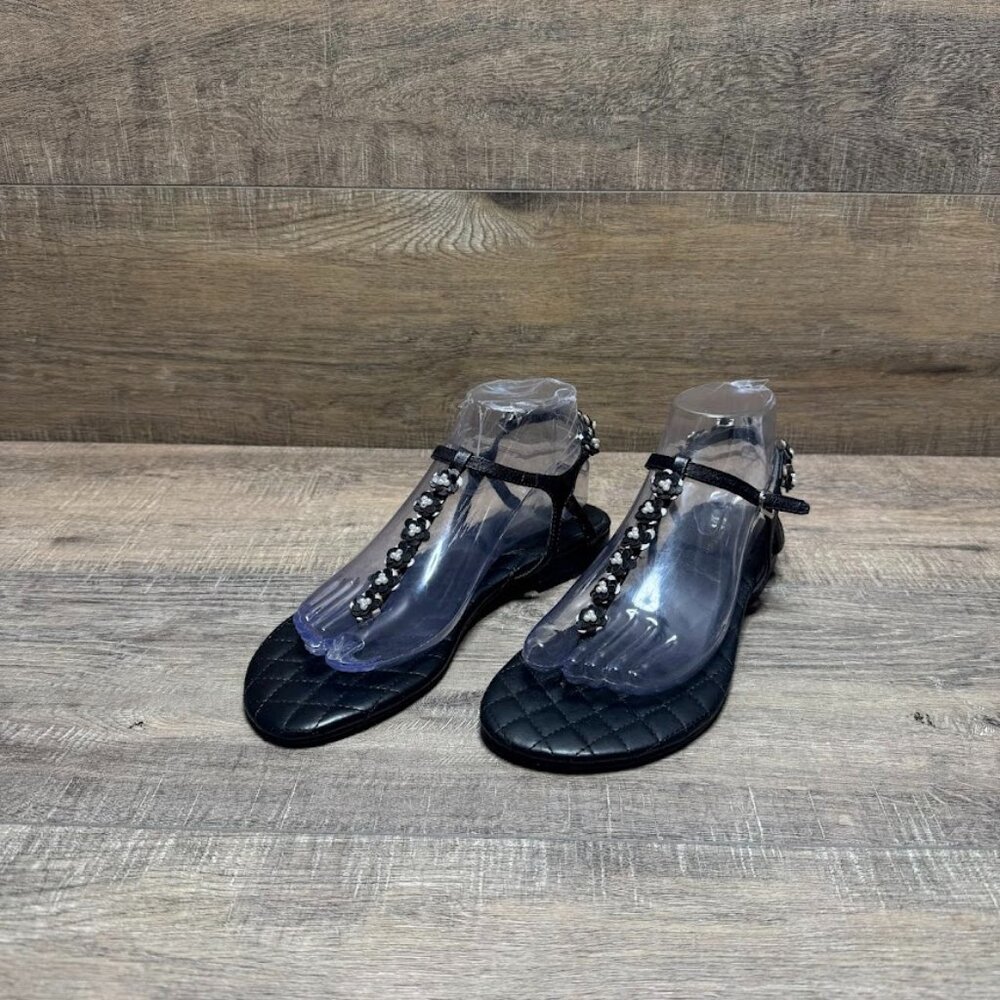 Marc Fisher Black Leather T Strap Embellished Sandal Women's Size 7.5